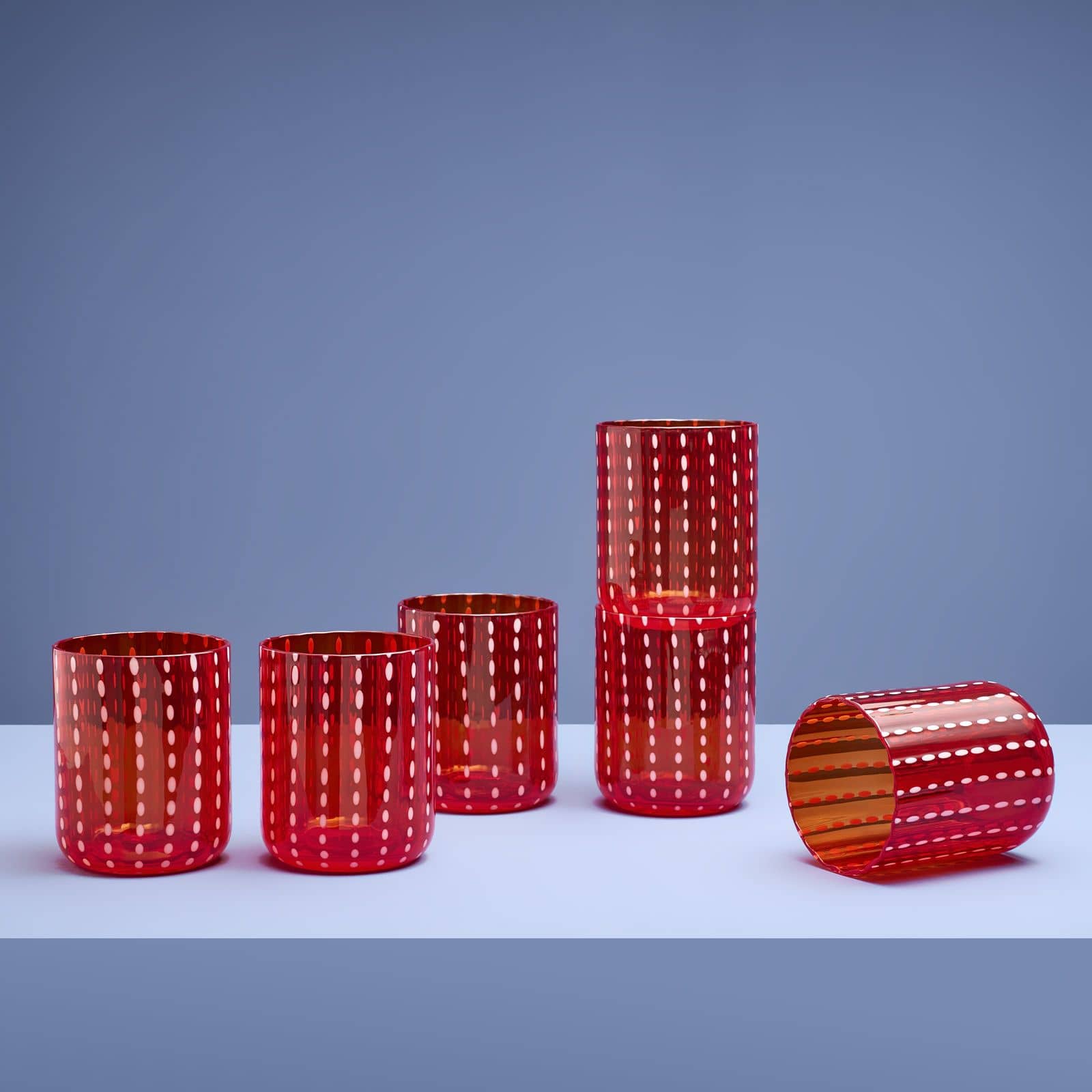 6er Set Trinkglas Dotty, rot, durchgefärbtes Glas