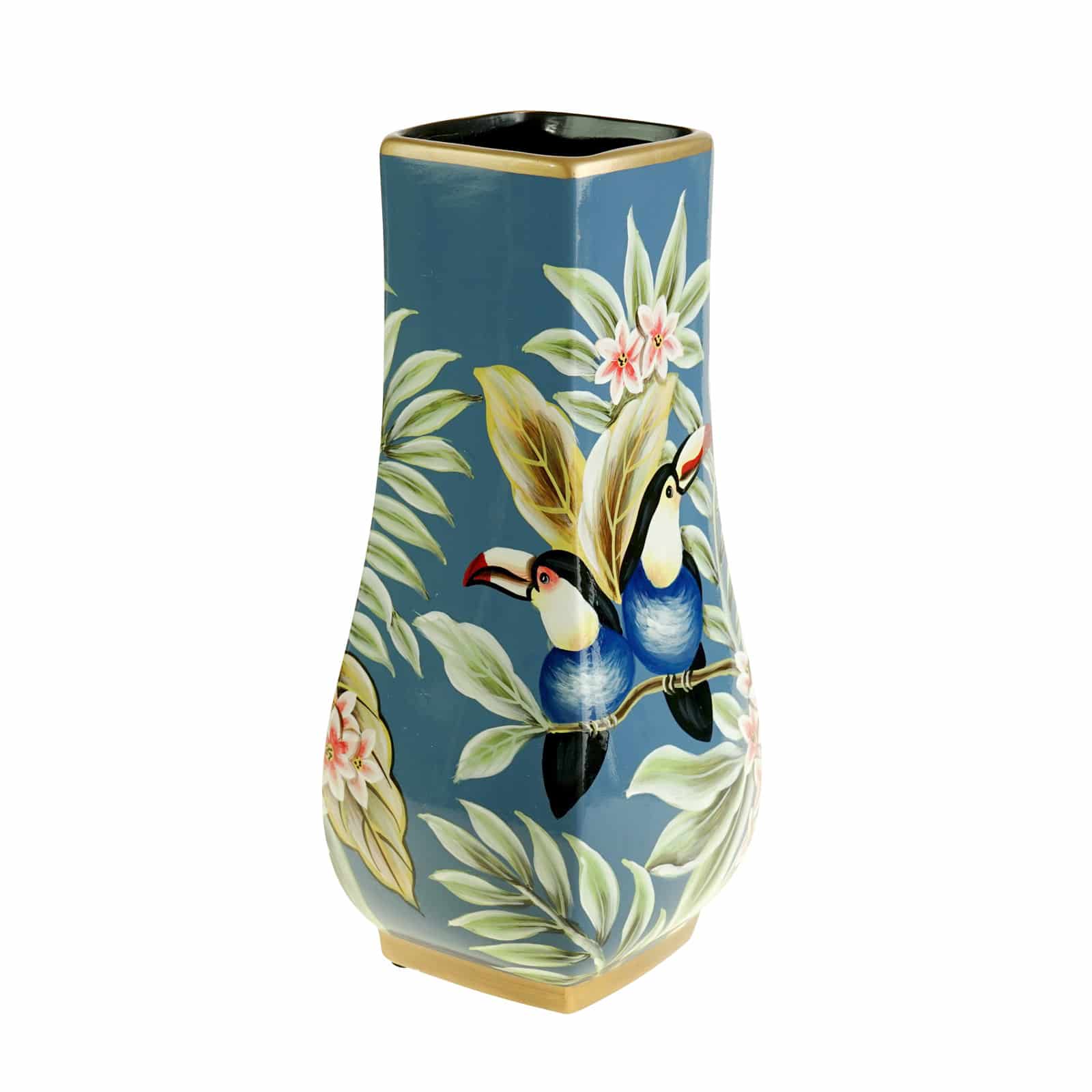 Vase Jungle / Tukan / Tropics, blau, handbemalt, glasiert, Porzellan, 15,5x35 cm