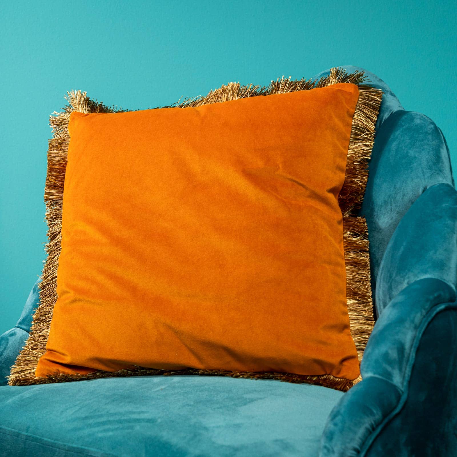 Fluwelen kussen Velvet Cushion met franjes, oranje, polyester, 45x45 cm inclusief vulling (350 g polyester)