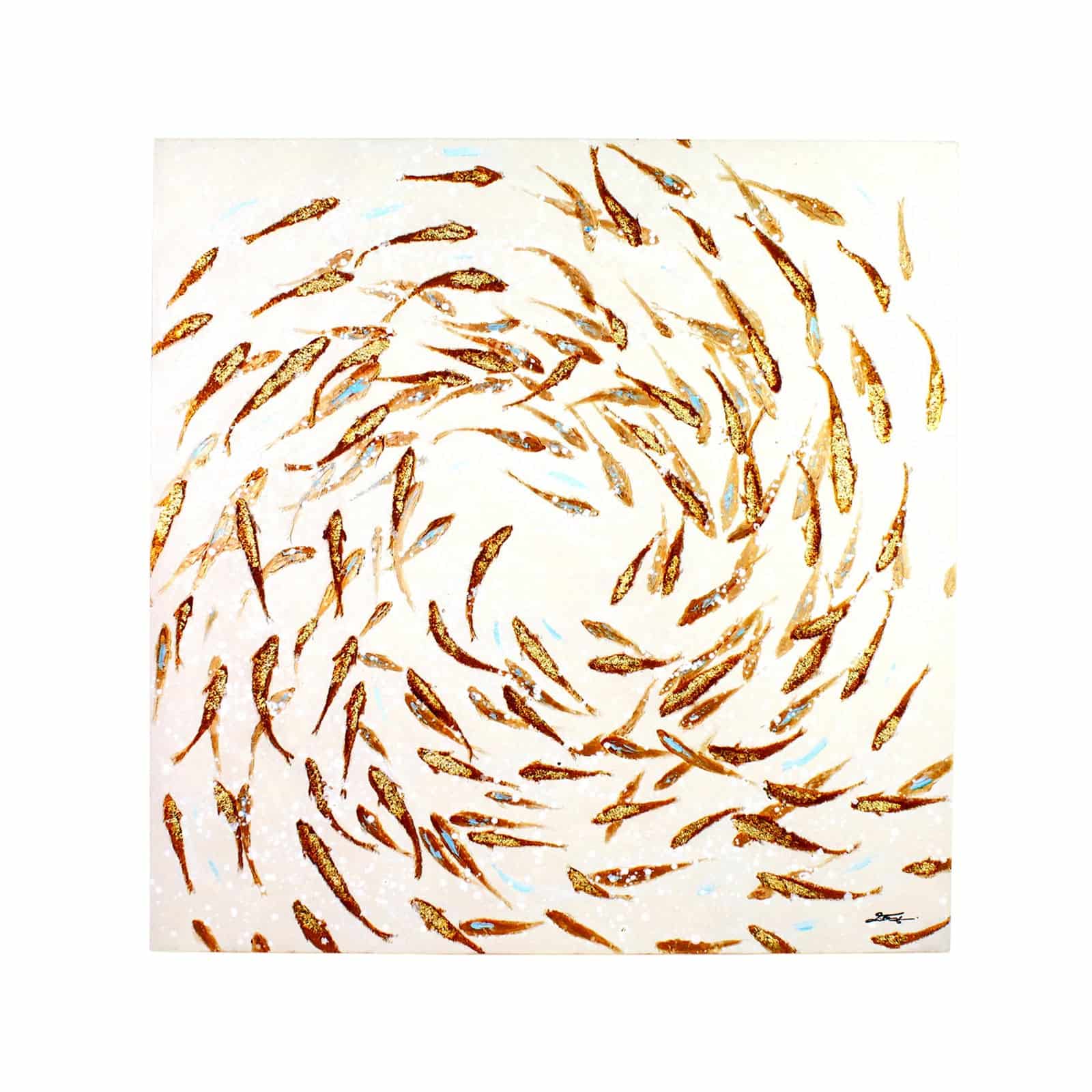 Cuadro banco de peces, blanco dorado, pintado a mano, acrílico sobre lienzo, 100x100cm