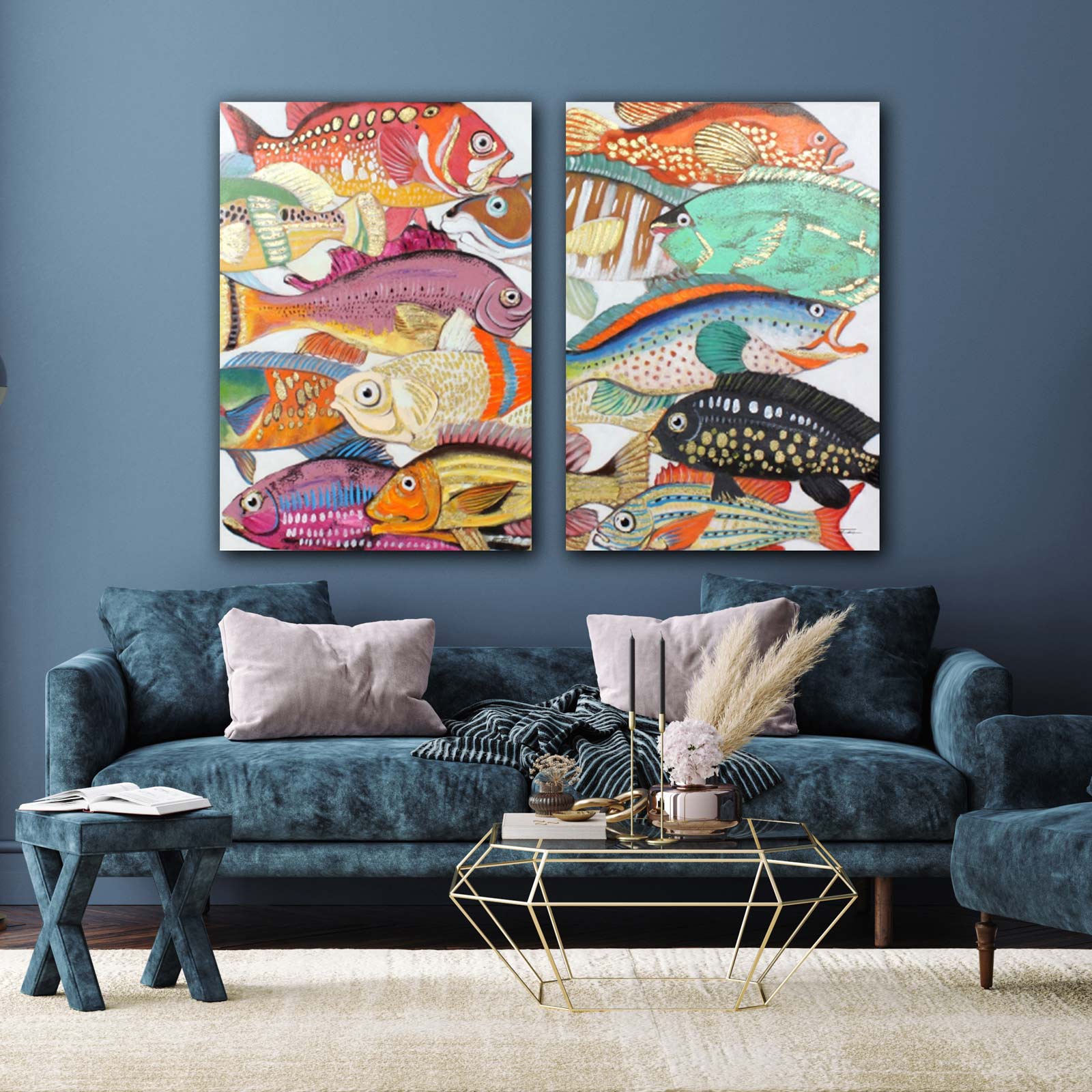 Set med 2 målningar fiskar Färgglada fiskar, handmålade, akryl på duk, 70x100 cm