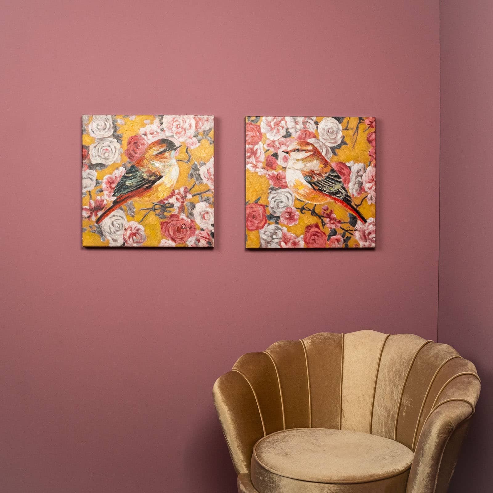 Ensemble de 2 tableaux oiseaux avec motif floral Birdy, coloré, peint à la main