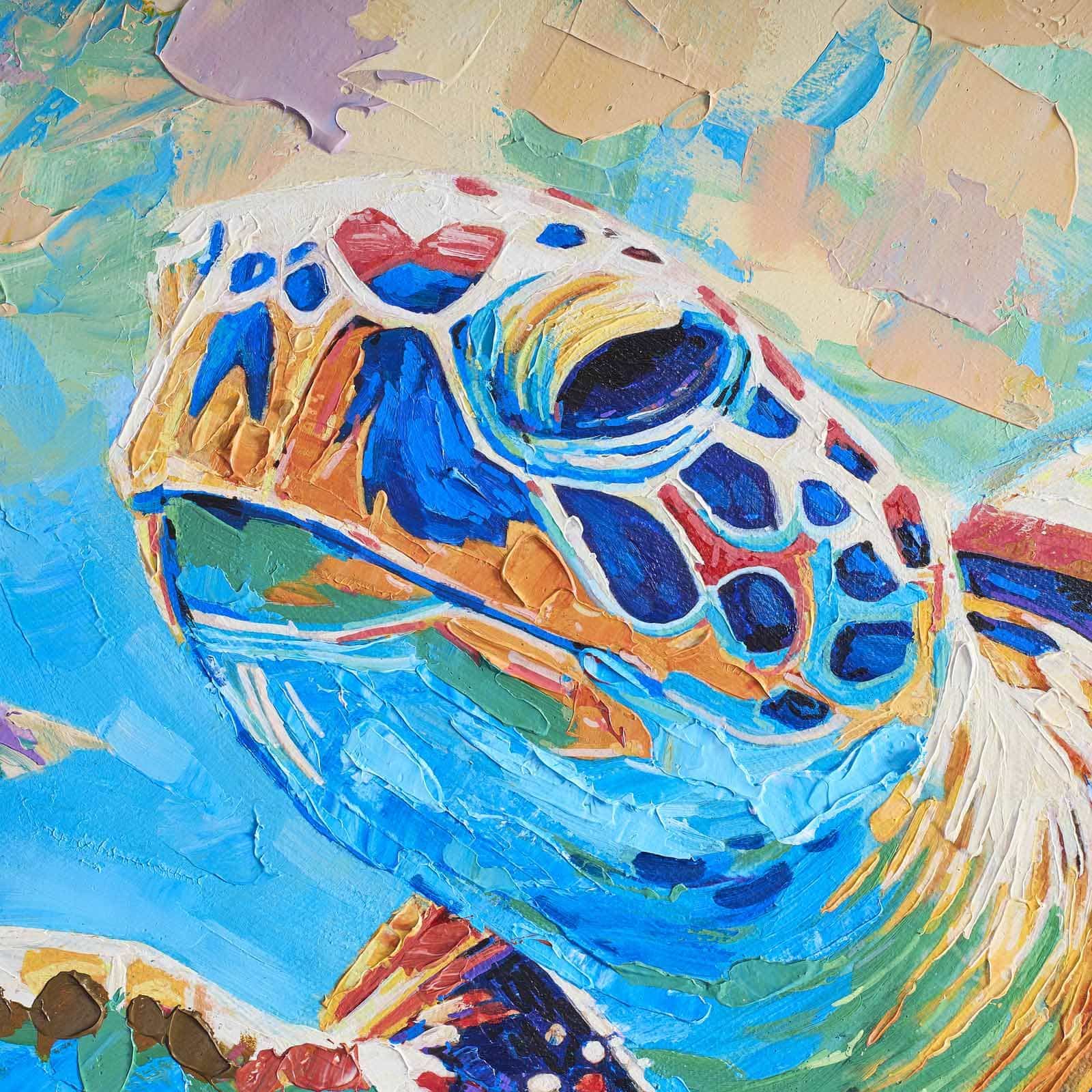 Gemälde Turtle m. Wasserschildkröte, handgemalt, blau-orange 