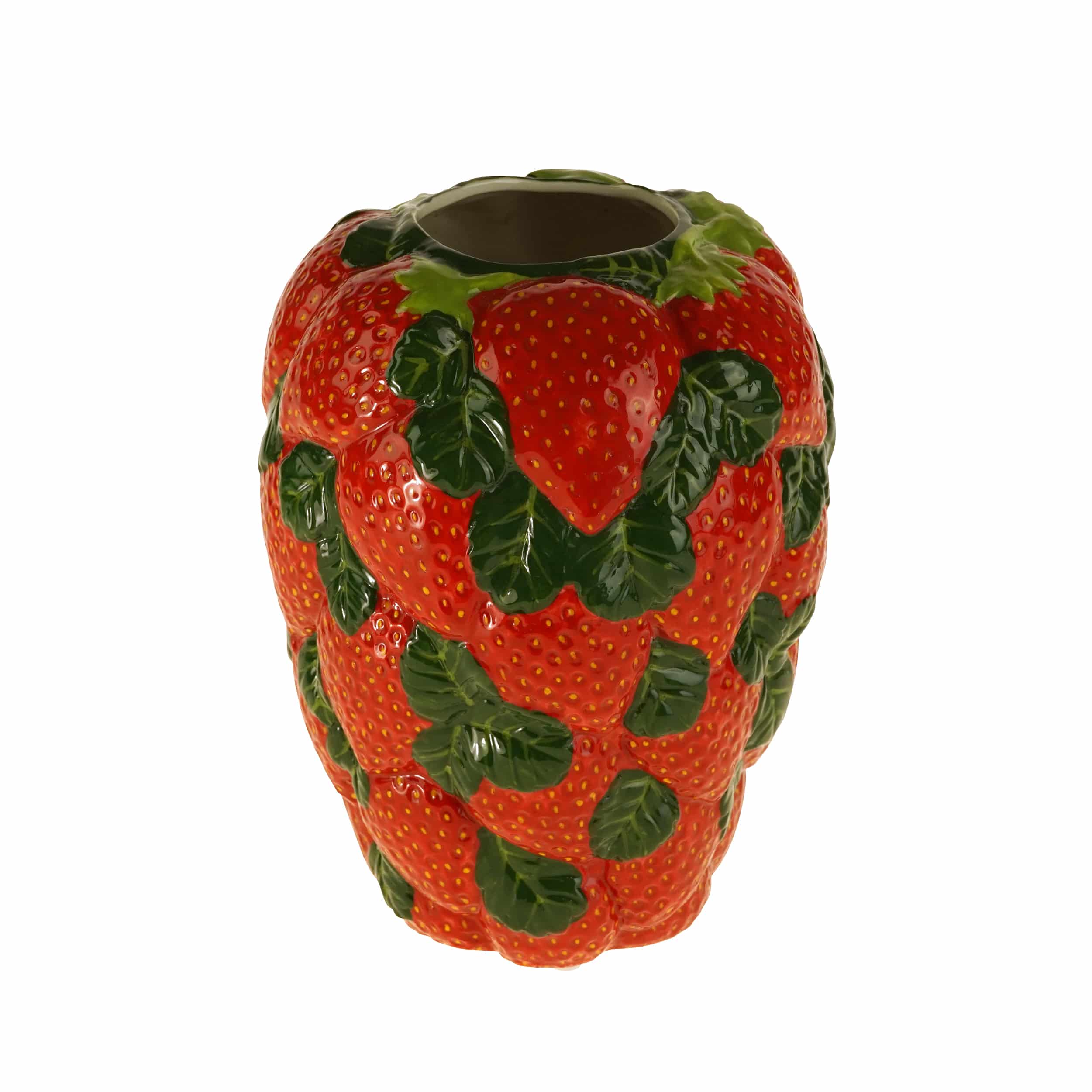 Siervaas Strawberries, aardbei met bladeren, rood-groen, handbeschilderd