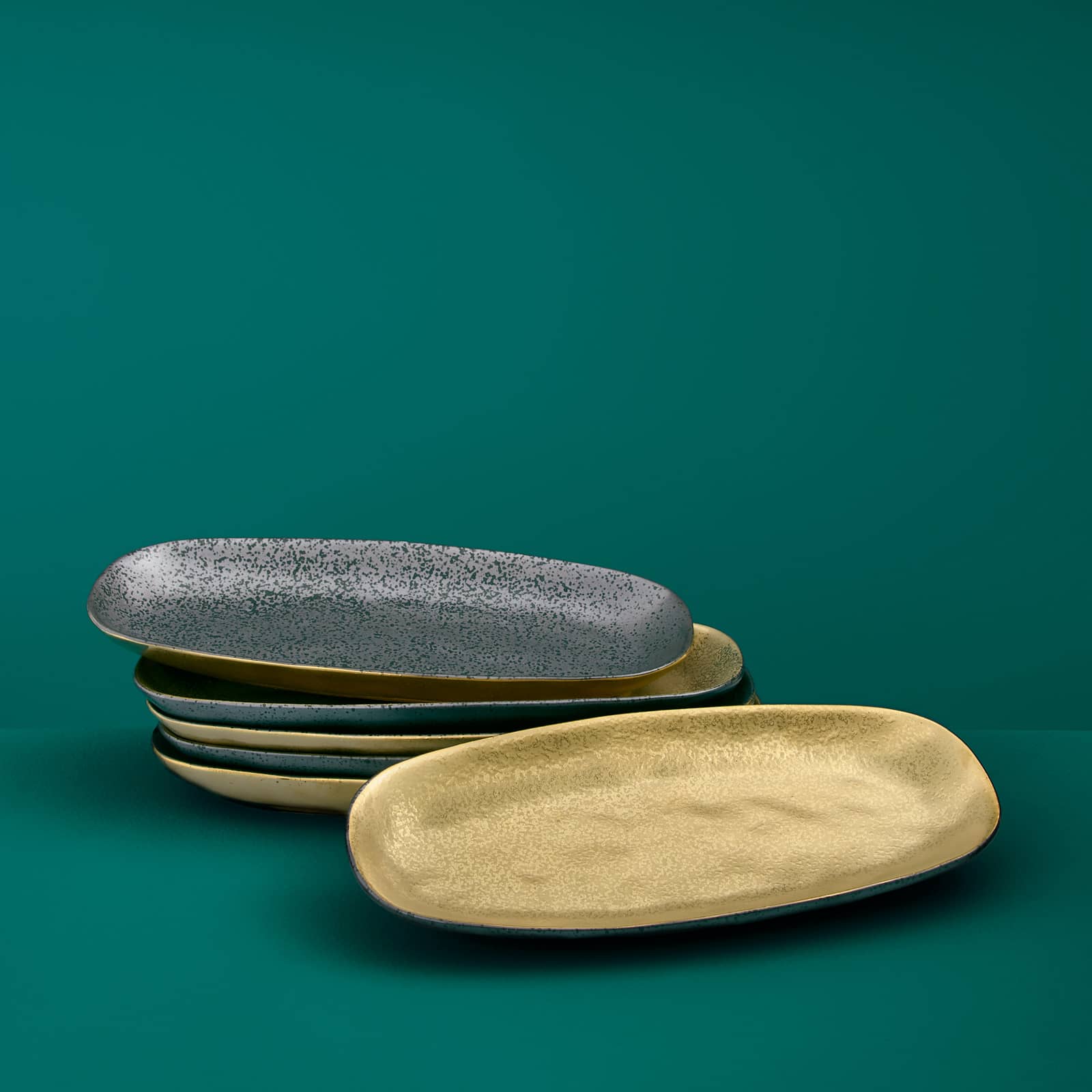 6er Set Teller Ceylon, oval, schwarz/gold, Porzellan, 25x11,5 cm, spülmaschinen- und mikrowellengeeignet